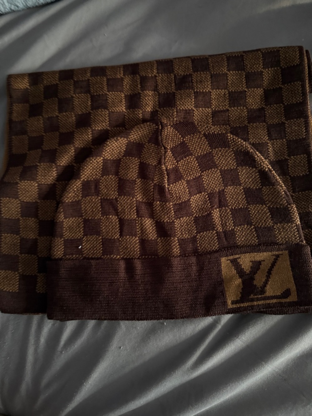 Louis Vuitton Brown Checker Knit Beanie and Scarf Set